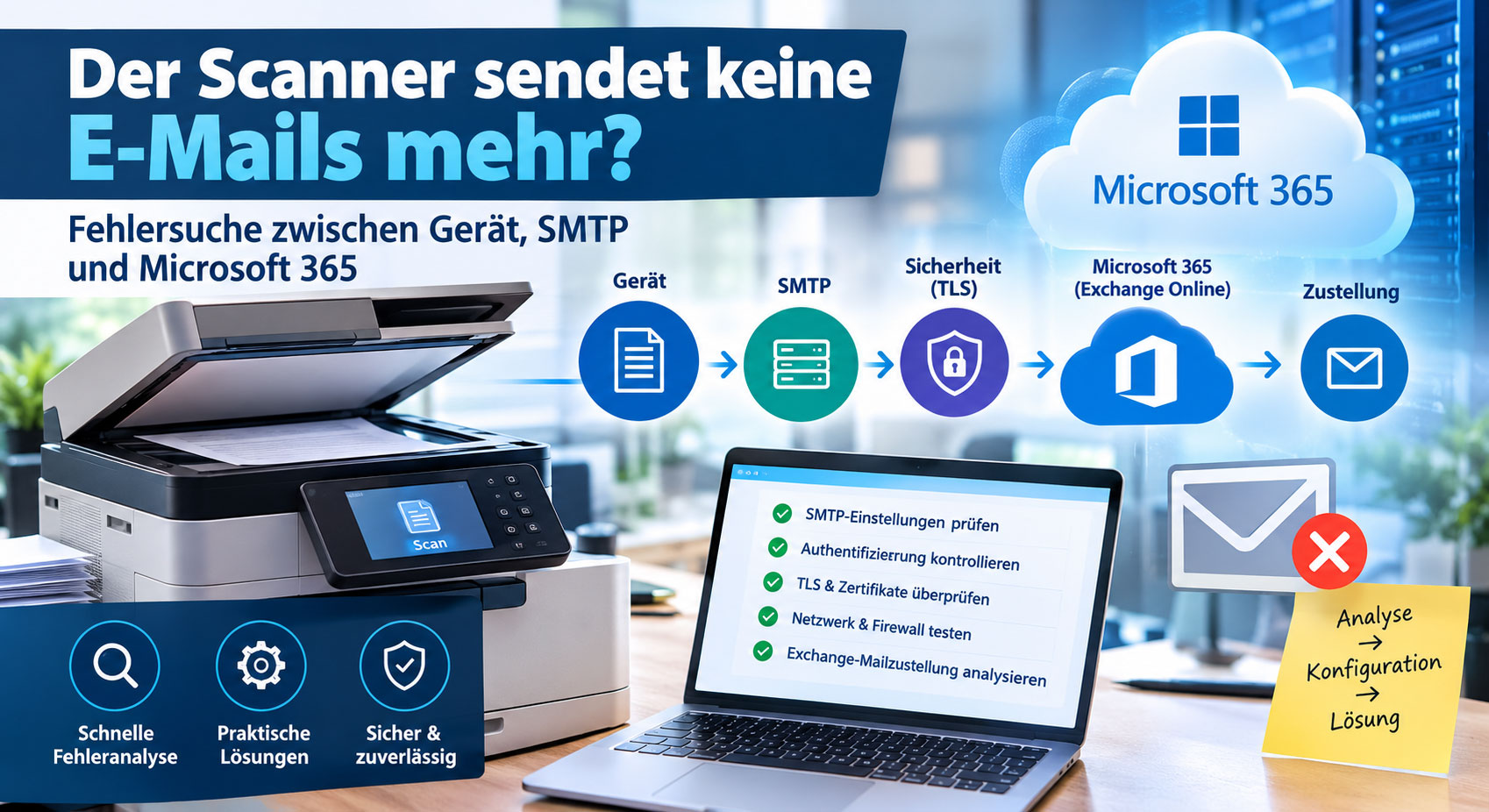 Der Scanner sendet keine E-Mails mehr: Fehlersuche zwischen Gerät, SMTP und Microsoft 365